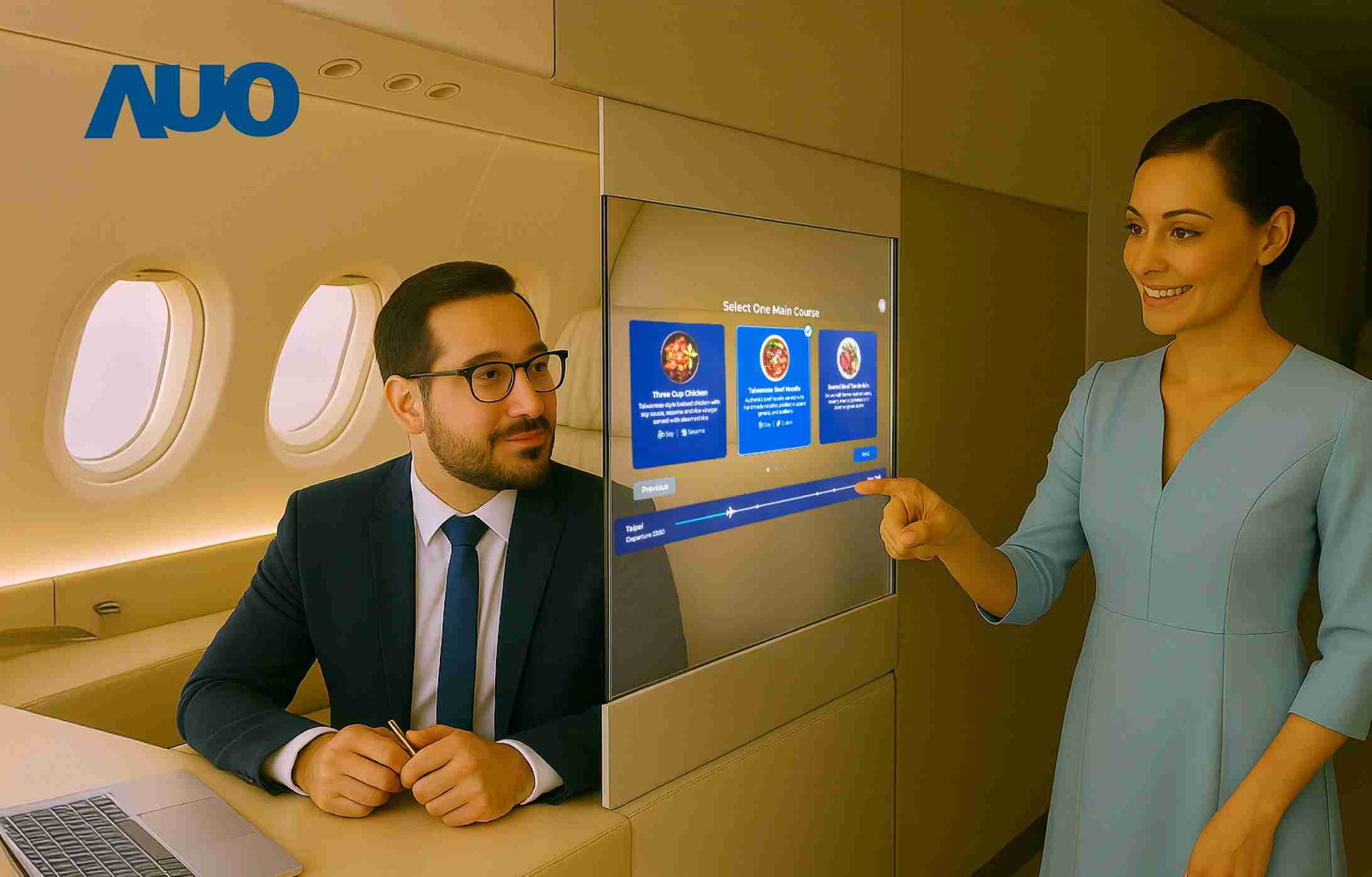 银河集团研发全球最薄17.3 吋双面透明 Micro LED 显示器，，，，可在同一屏幕之双边投射不同信息，，创造独特的”透明化”互动；图为实时翻译交流应用情境